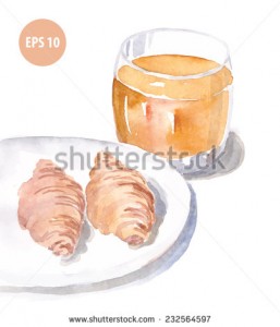 watercolor croissants and glass of lemonade, painting food